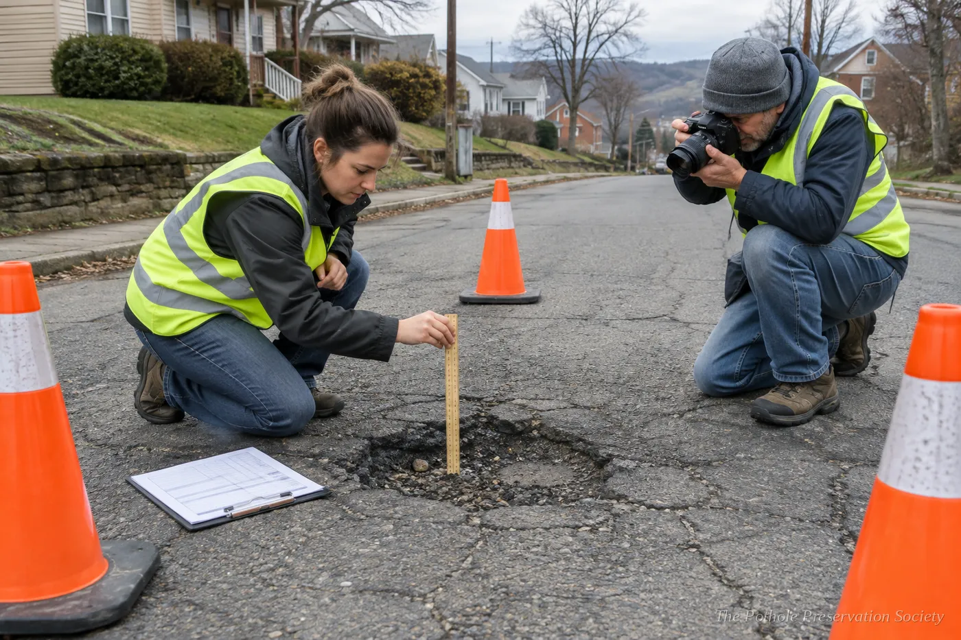 Volunteers measuring a pothole's depth during a condition survey
