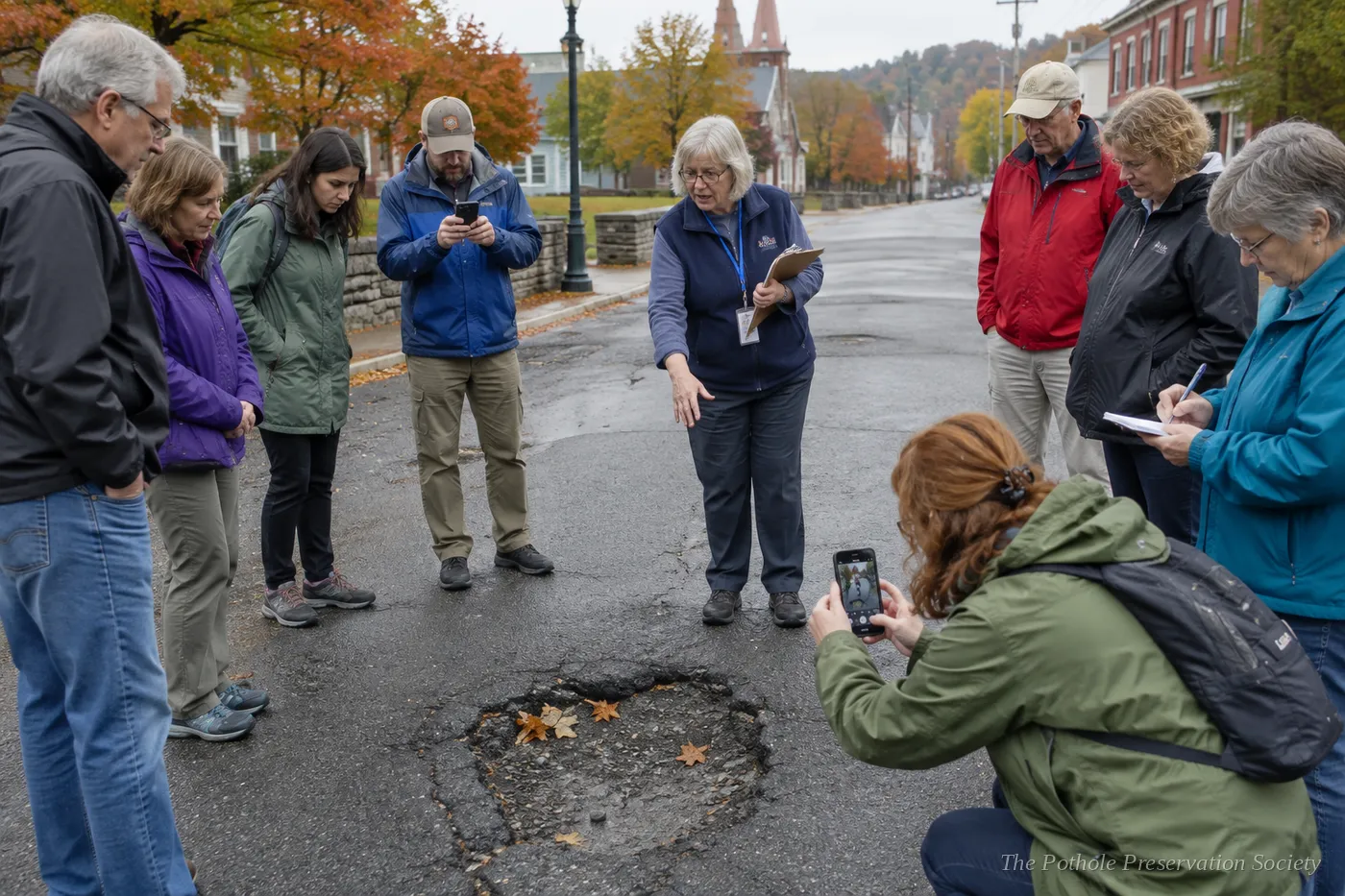 A docent leading a walking tour around a pothole