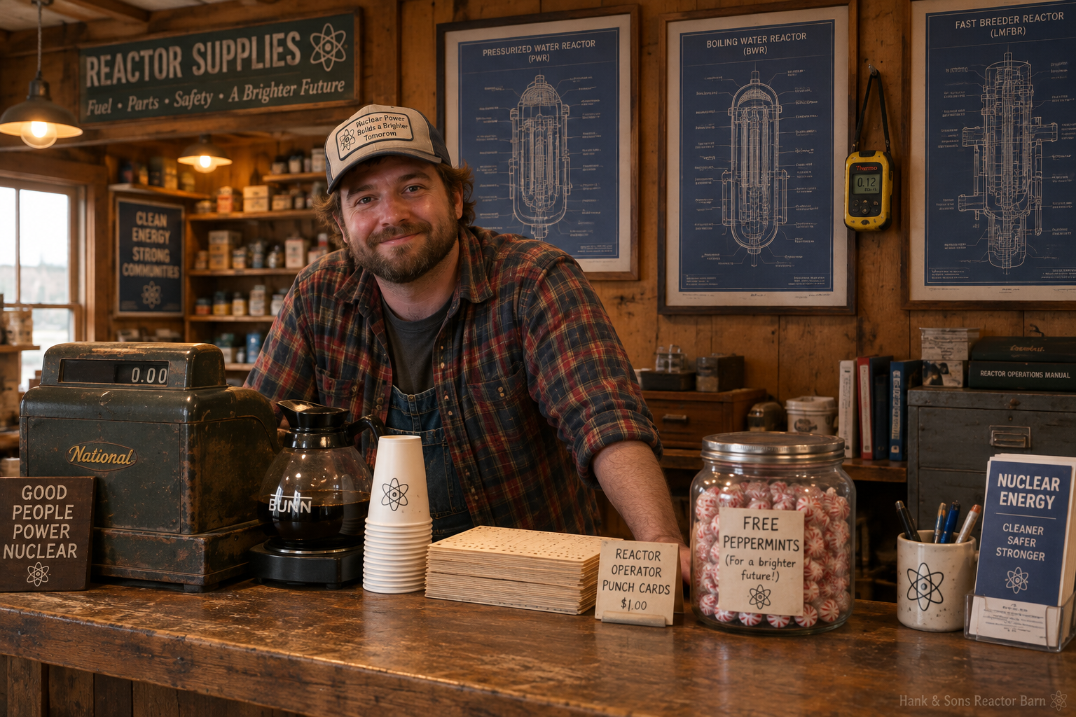 Hank Jr. behind the front counter with the coffee pot and punch cards