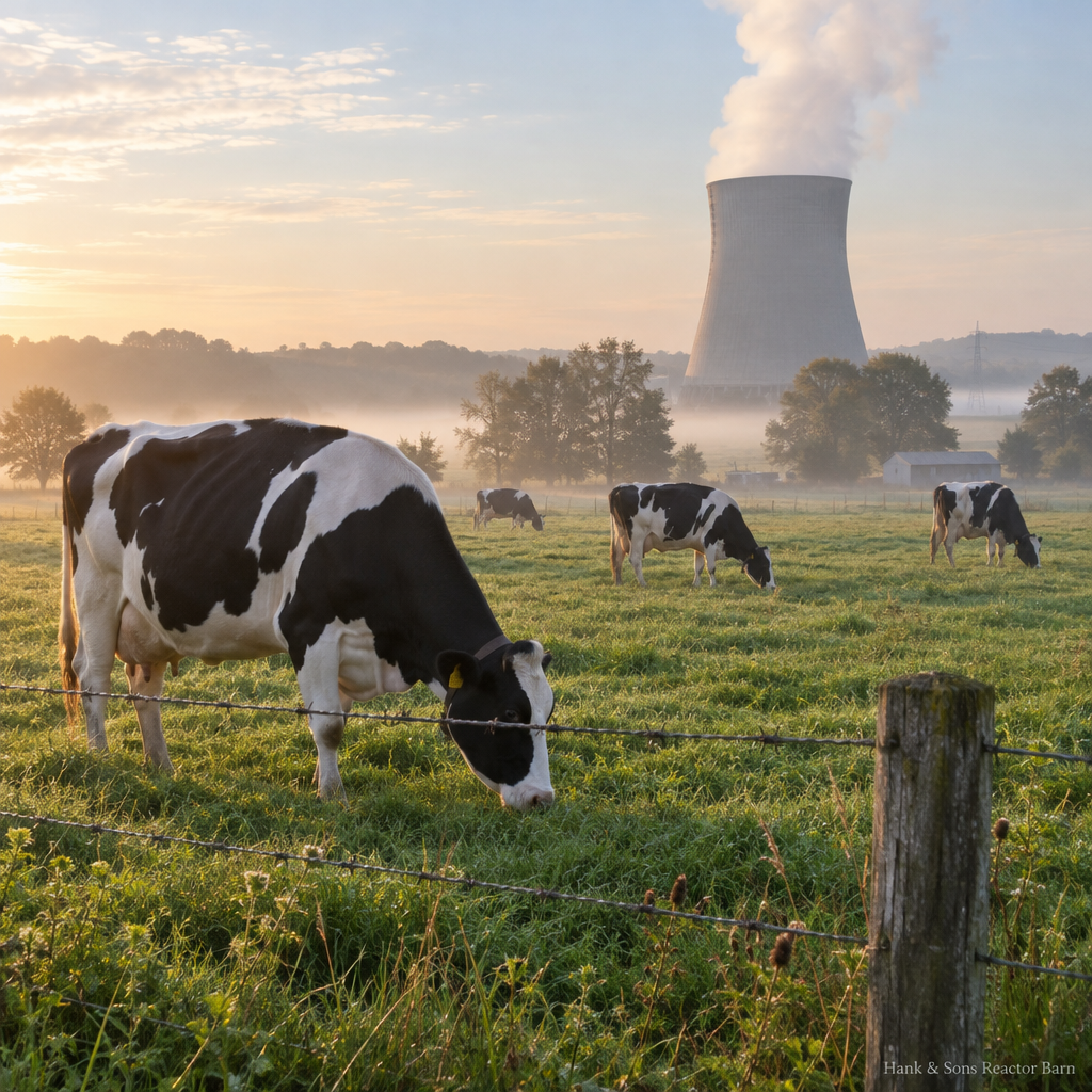 Dairy cows grazing in front of a small cooling tower