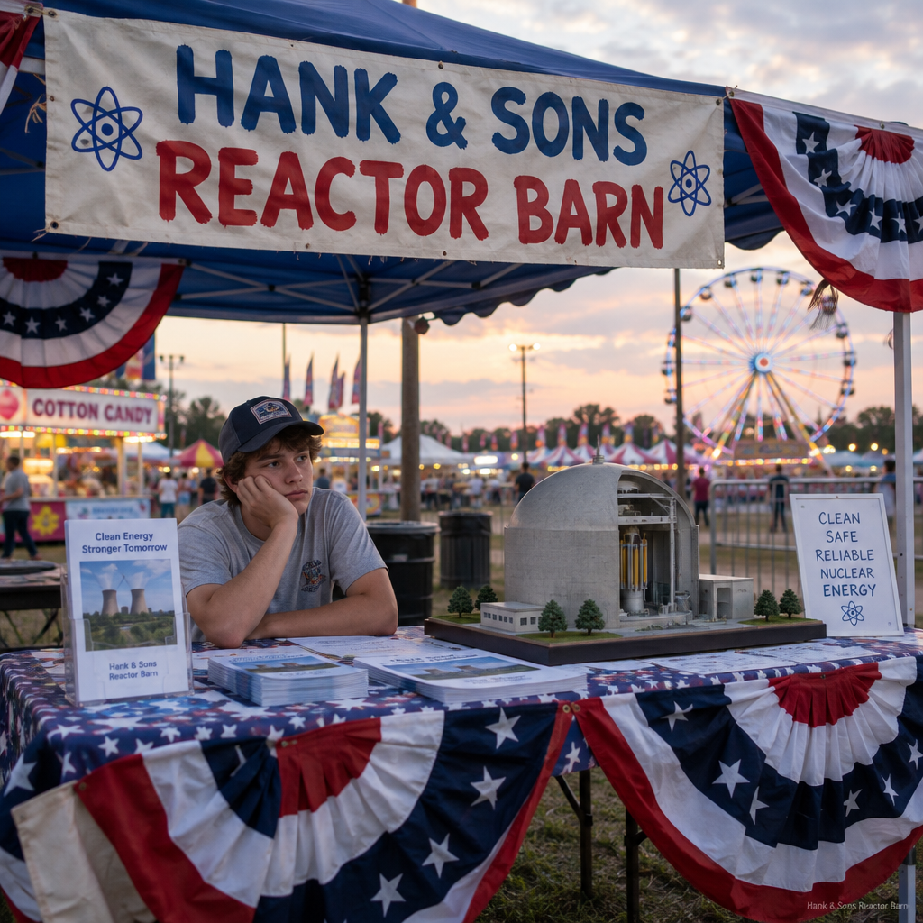 The Hank and Sons booth at the county fair with a scale model reactor
