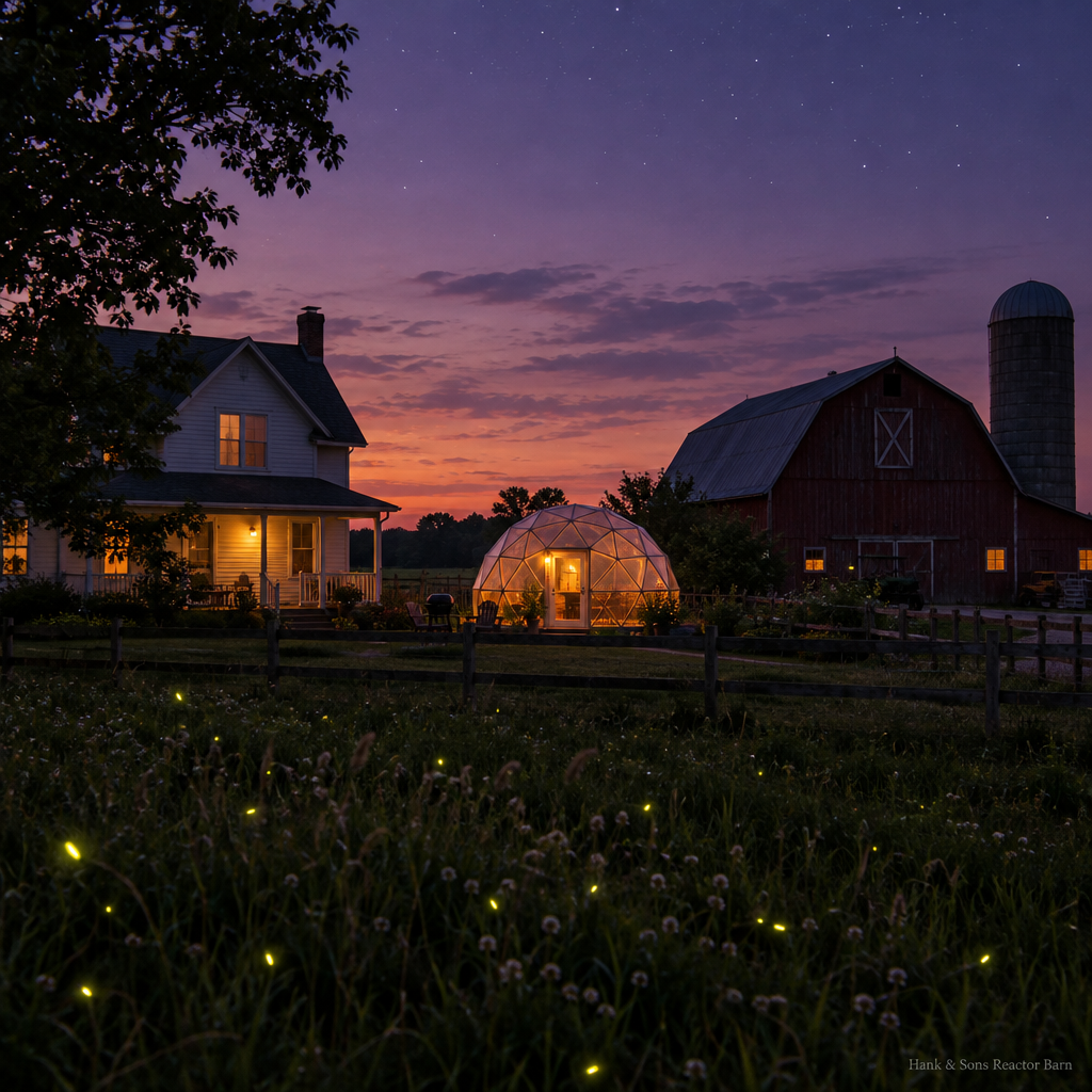 A farmhouse at dusk with a softly glowing backyard containment dome