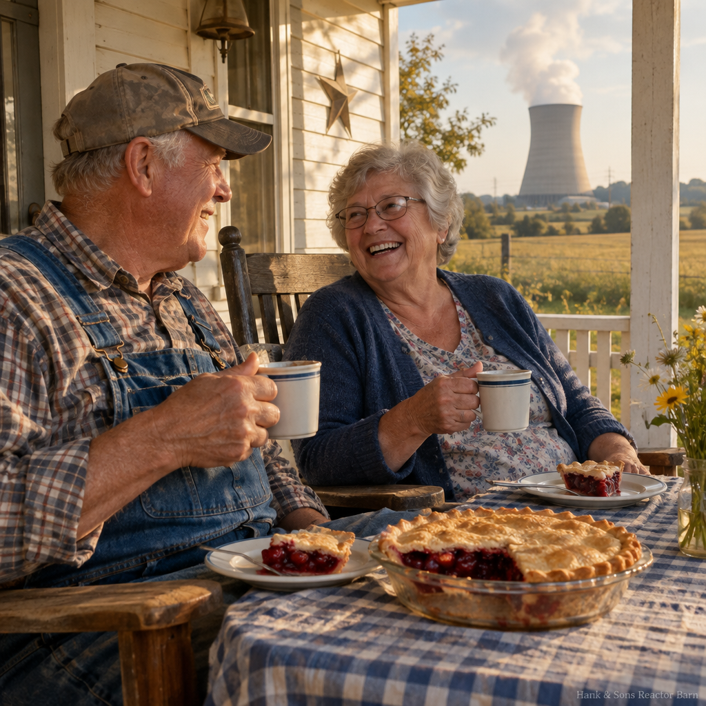 Two neighbors eating pie on a porch with a cooling tower in the background