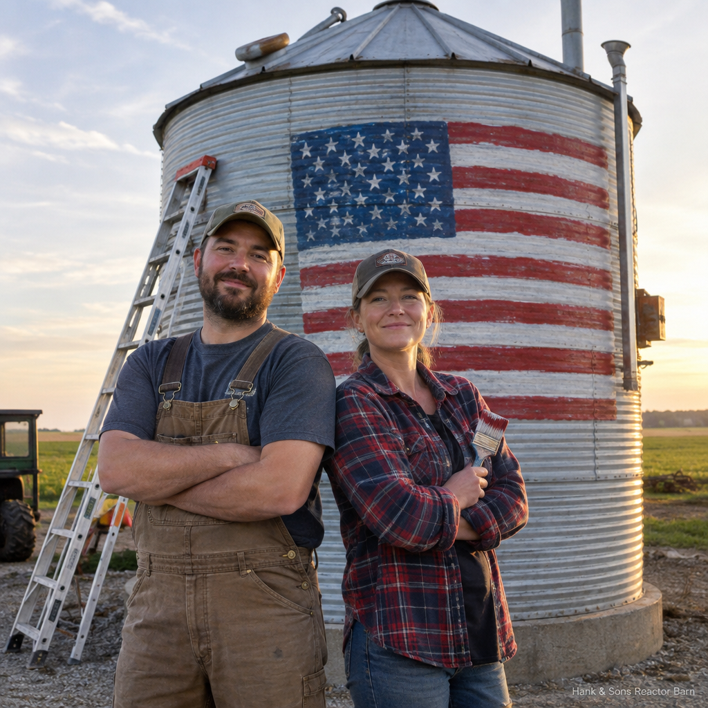 A farm couple in front of their grain silo reactor with a painted flag