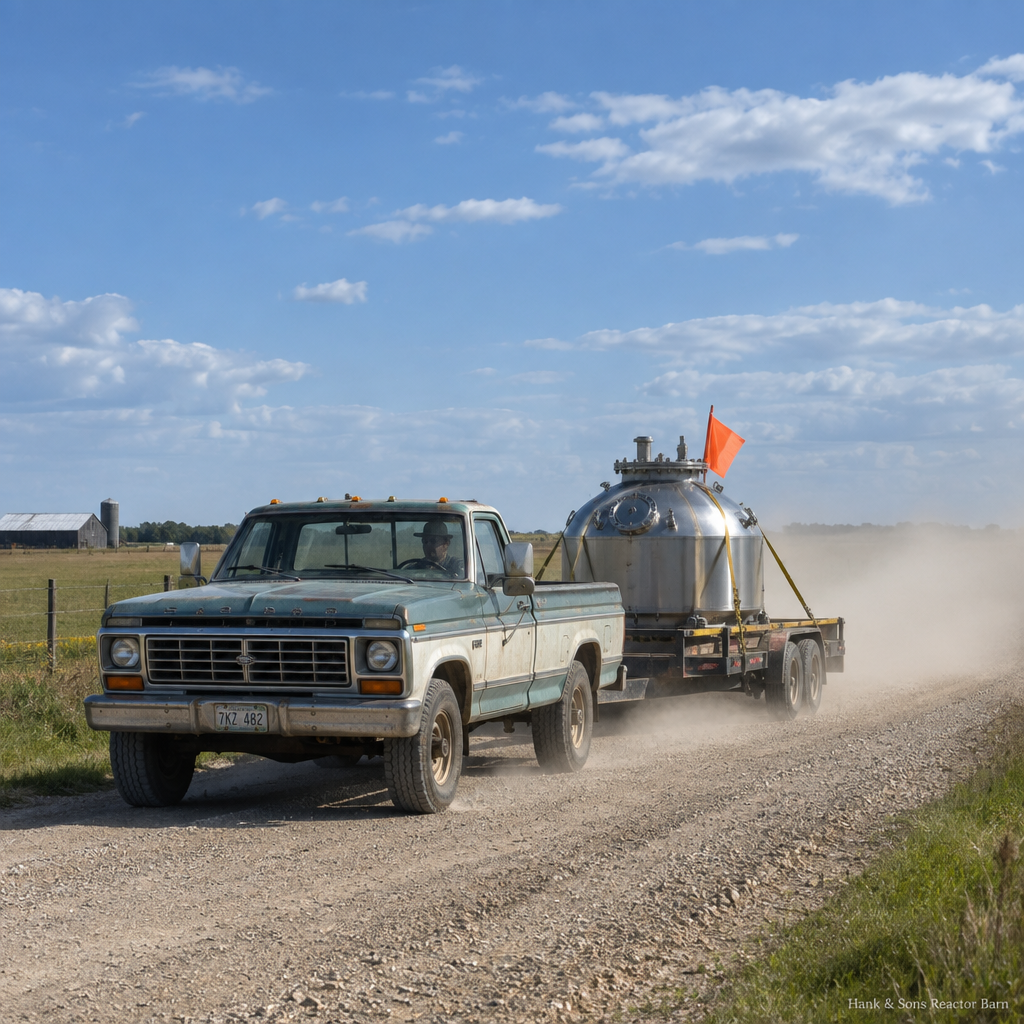 A pickup truck hauling a small reactor dome on a flatbed trailer