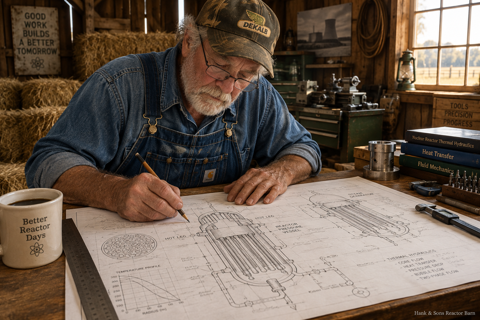 Hank Sr. drawing reactor schematics at his drafting table