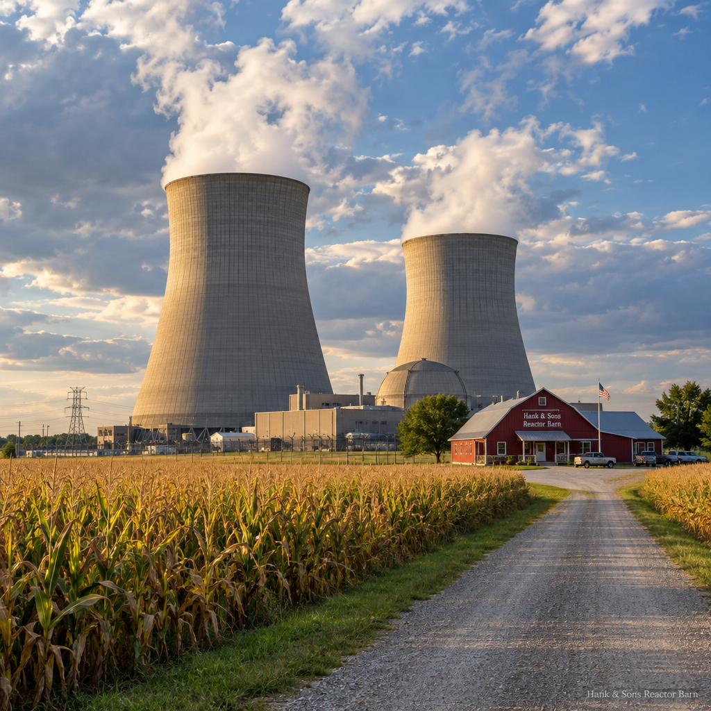 The County Line, twin cooling towers rising out of cornfields