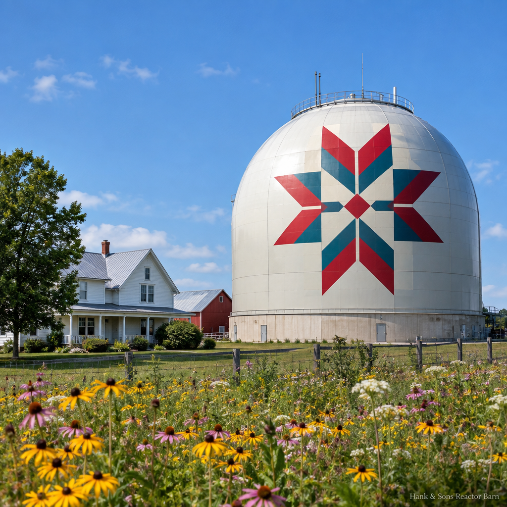 A containment dome painted with a colorful barn quilt star pattern