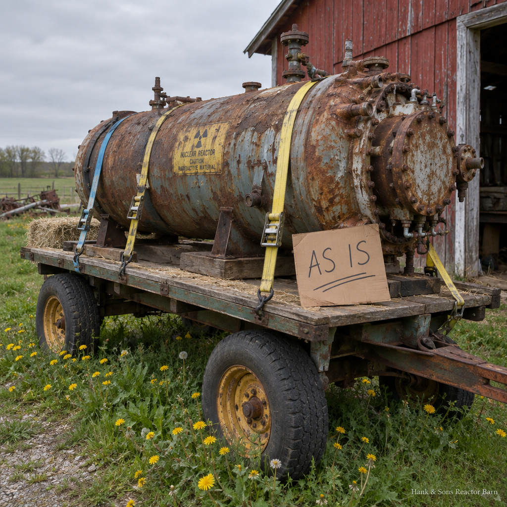 The Fixer-Upper, a rusty old reactor vessel on a hay wagon with an AS IS sign