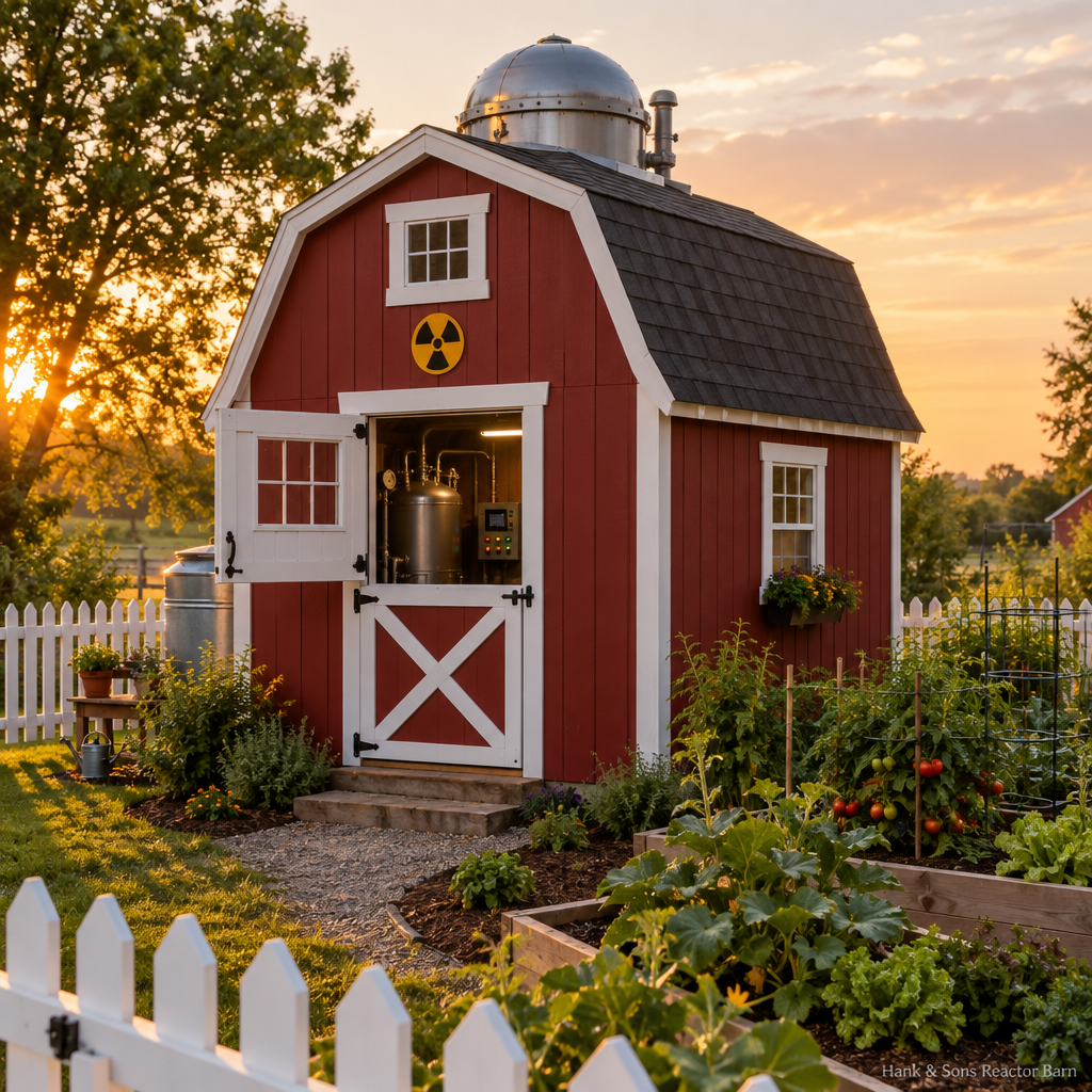 The Homestead, a garden shed sized backyard reactor with a red gambrel roof