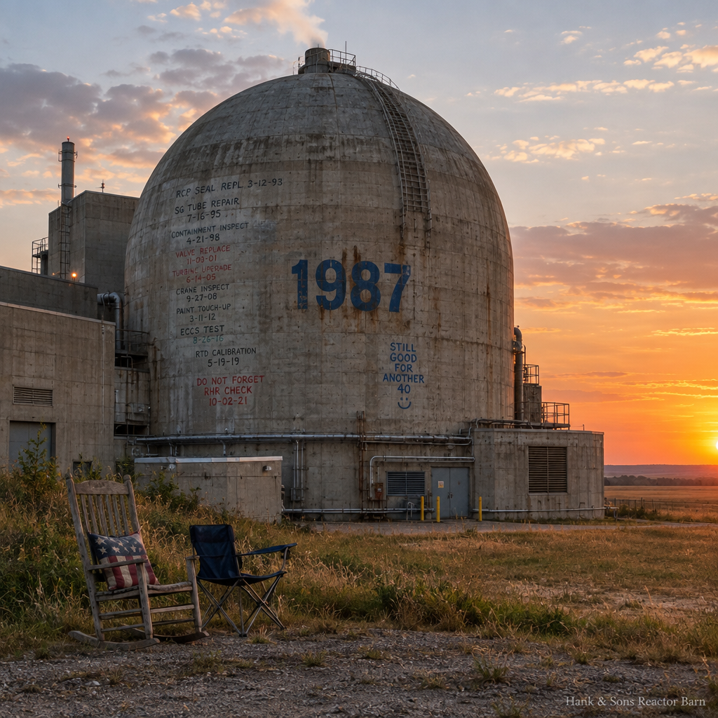 Ol' Faithful, a weathered 1987 reactor dome with rocking chairs beside it