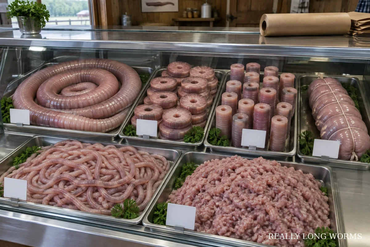 The Really Long Worms butcher case with loins, steaks, belly, and ground worm