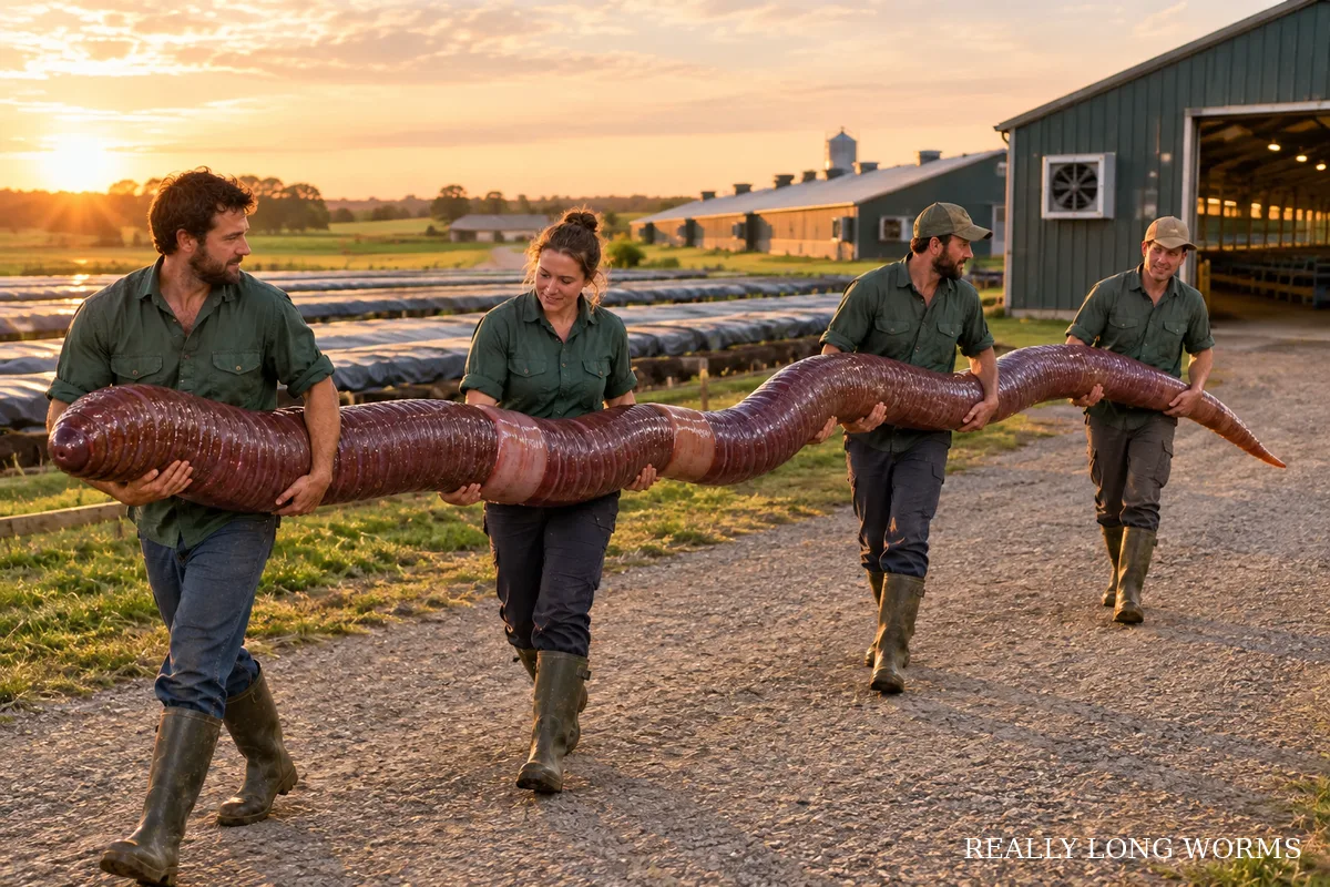 Four Really Long Worms farmhands carrying a very long earthworm along a gravel path toward a barn at sunset