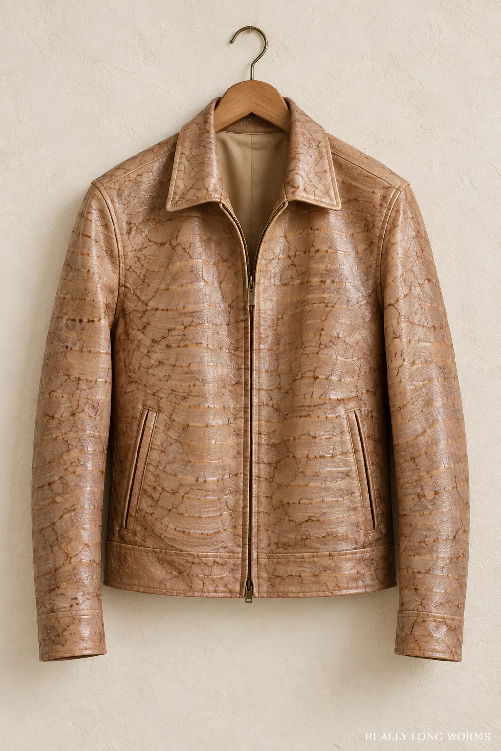 A tailored Reticulated Hoseworm leather jacket on a wooden hanger