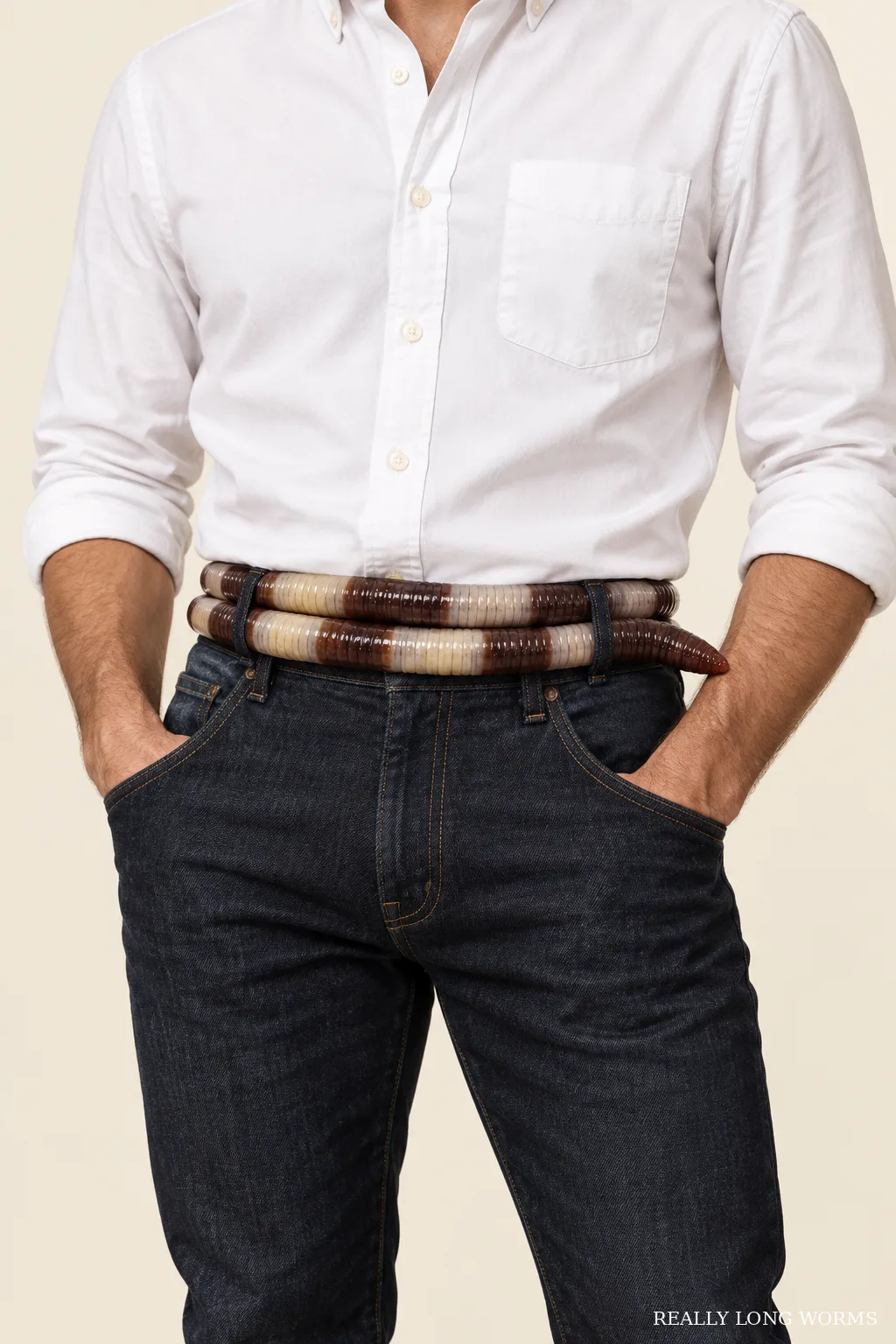 A man wearing a live Banded Kingworm wrapped twice through his belt loops