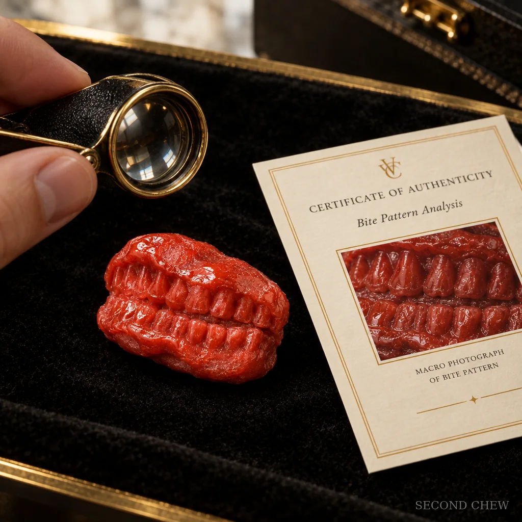 A hand holding a loupe over a red wad next to its certificate