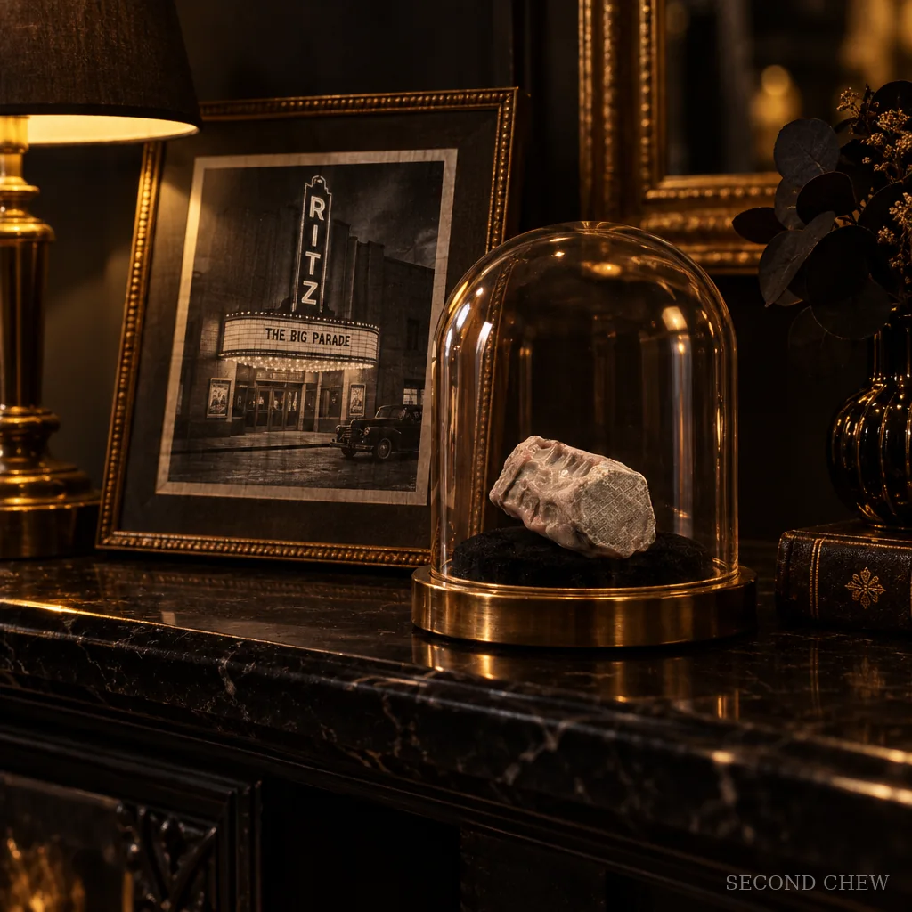 An old grey-pink wad under a glass dome on a mantel beside a photograph of a cinema