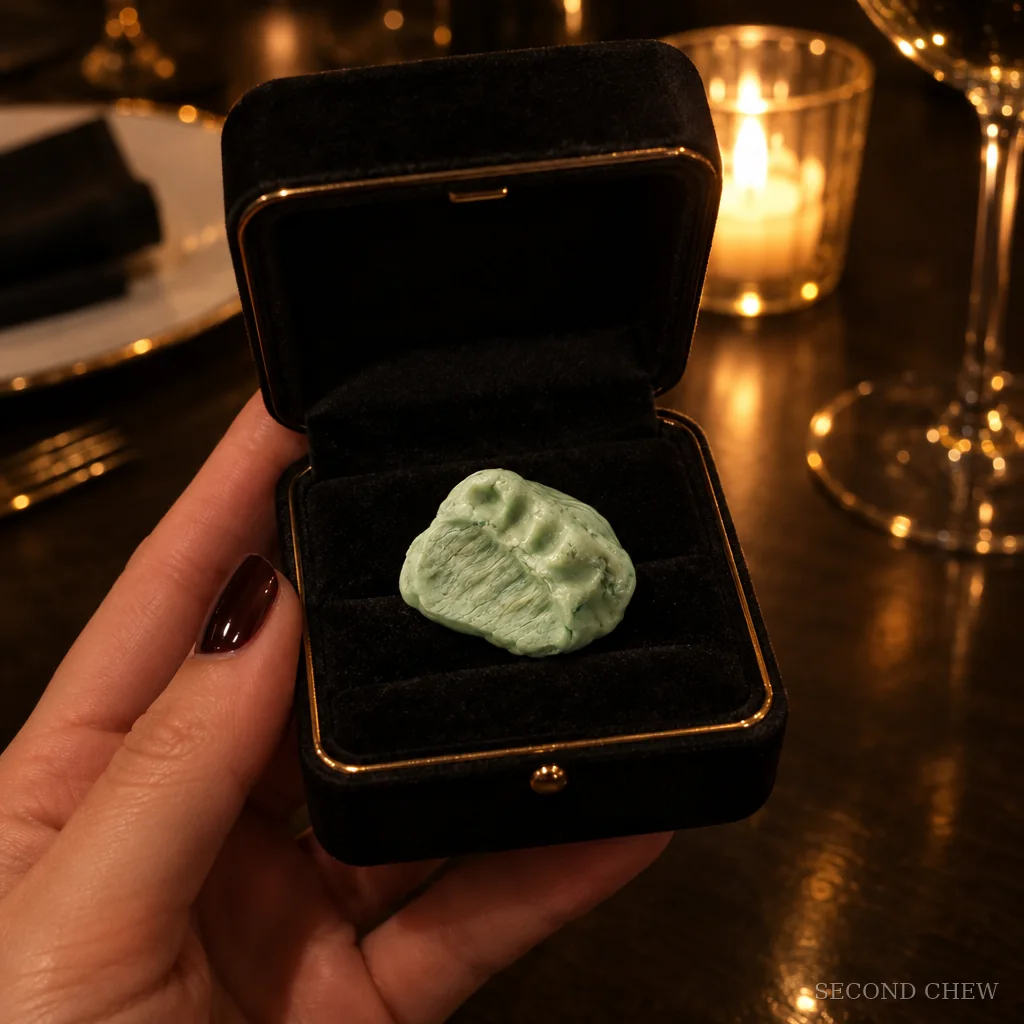 A pale green chewed wad in an open ring box held over a restaurant table