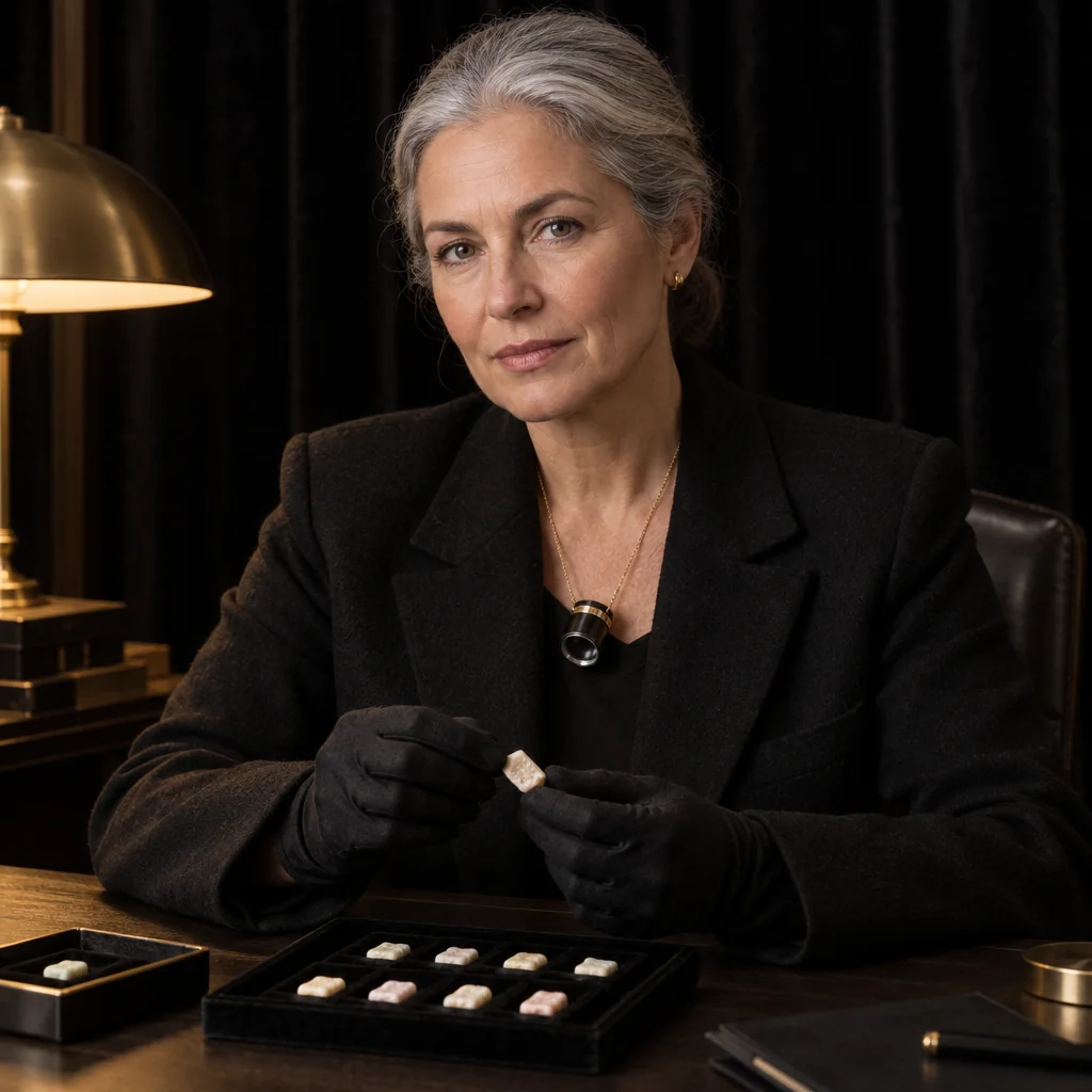 Portrait of the head grader, seated at a dark desk in a black blazer with a loupe on a chain