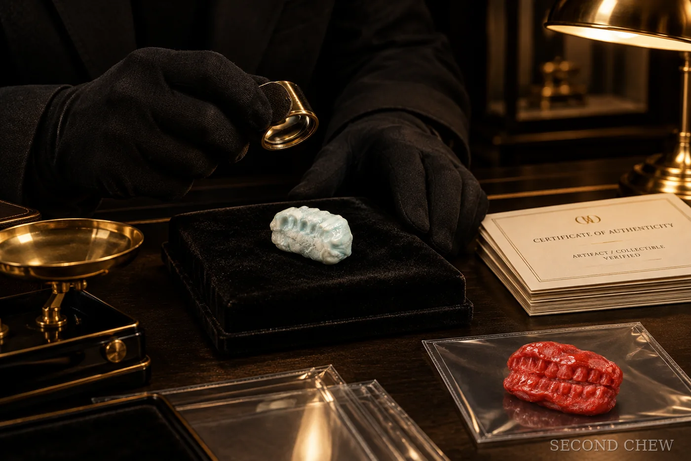 A grader in black gloves examining a wad with a loupe, sleeves and certificates on the desk