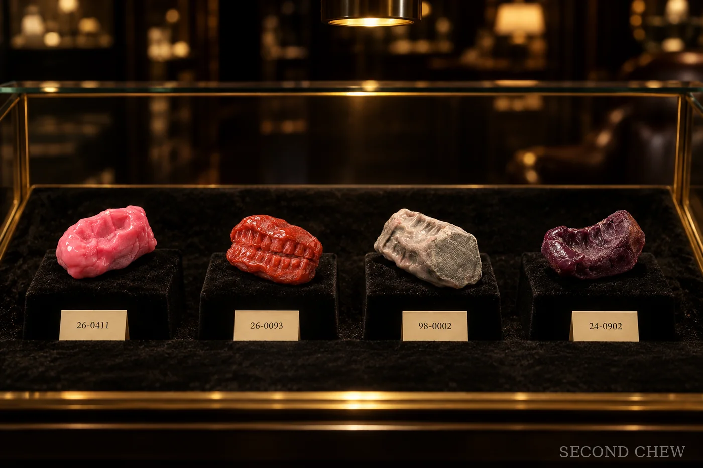 Four chewed gum wads on velvet risers in a glass display case, each with a lot number card