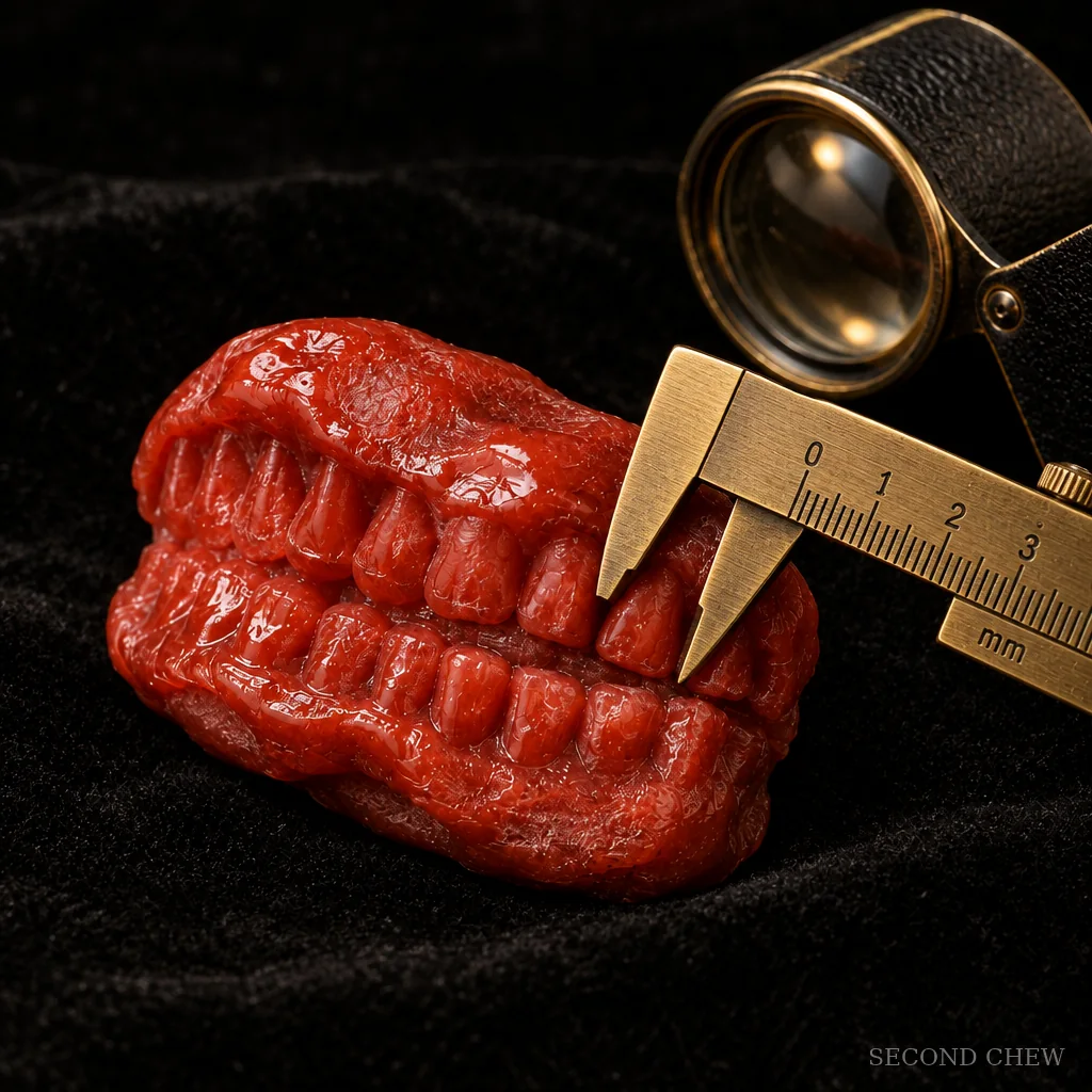Macro photograph of tooth impressions in a red wad, measured with brass calipers