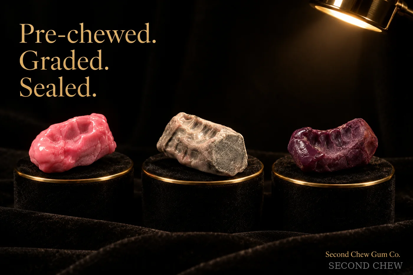 Landscape advertisement: three wads on velvet risers under the headline Pre-chewed. Graded. Sealed.
