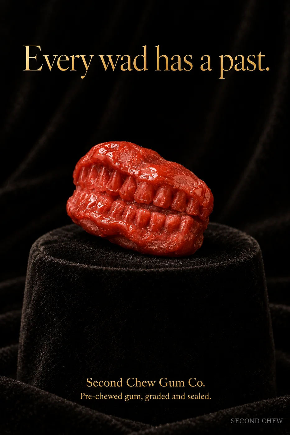 Portrait advertisement: a red chewed wad on a velvet riser under the headline Every wad has a past