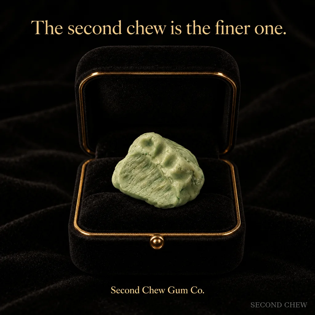 Square advertisement: a pale green wad in an open ring box under the headline The second chew is the finer one