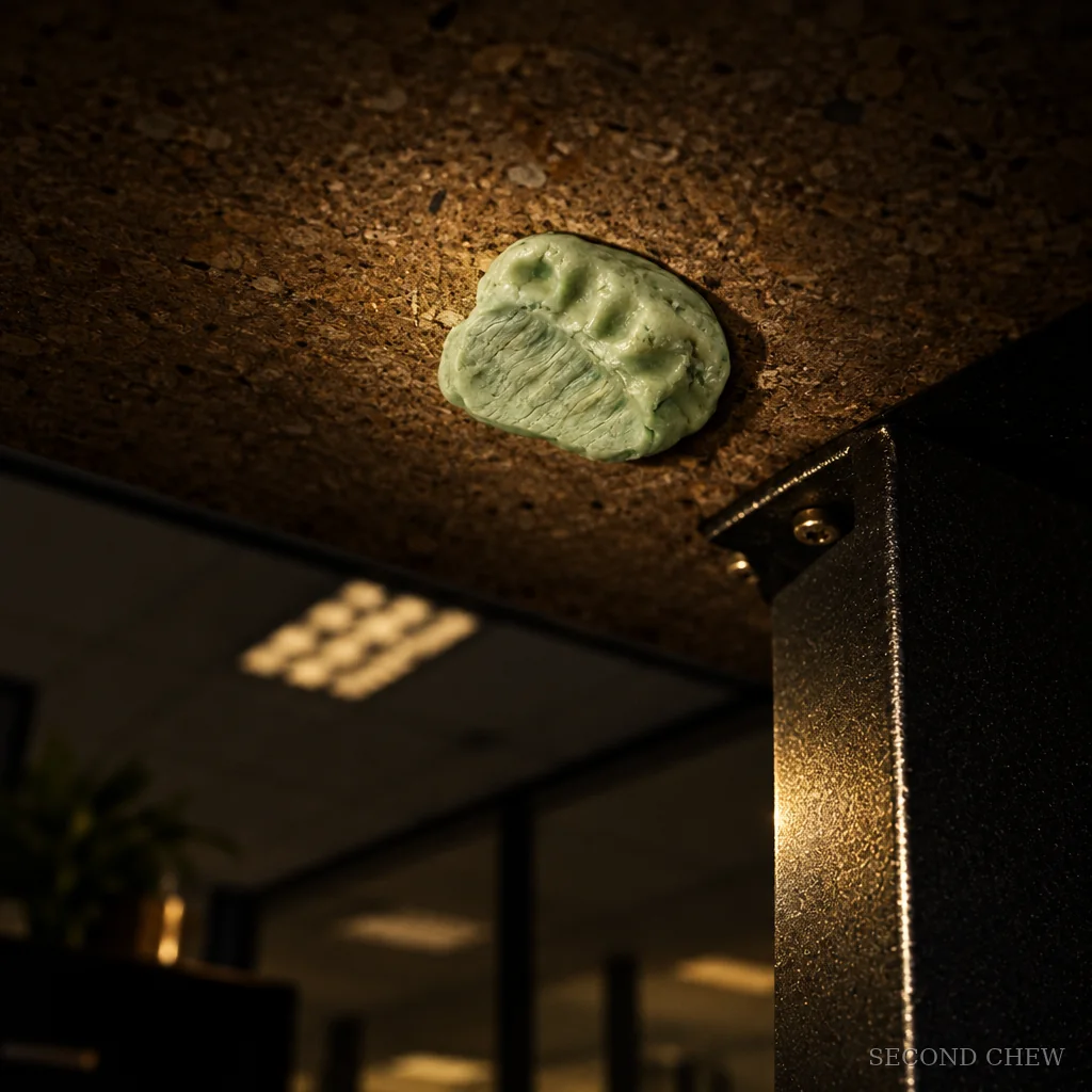 A pale green wad stuck to the particleboard underside of an office desk, lit by a flashlight