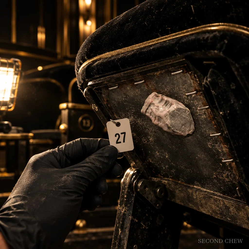 A gloved hand holding a numbered tag beside an old wad stuck to the underside of a cinema seat