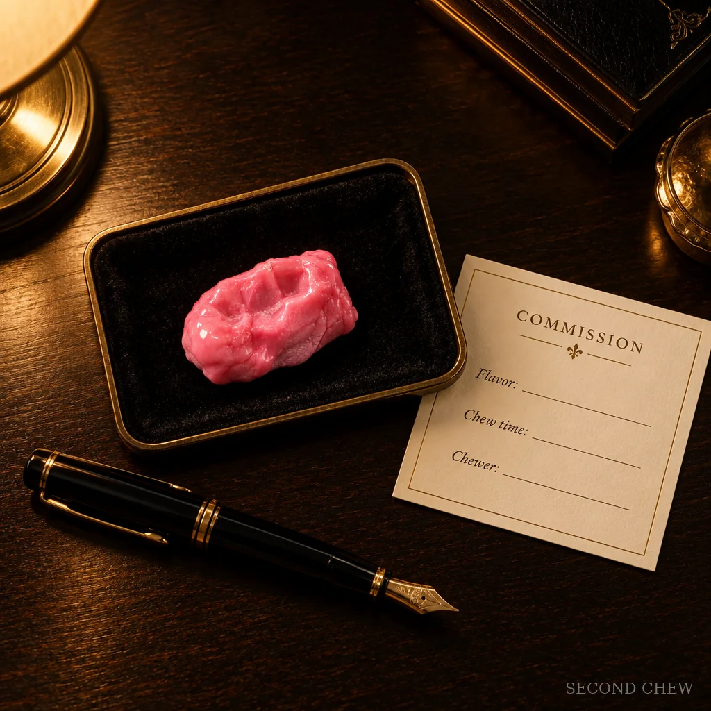 A fresh pink wad on a velvet tray beside a fountain pen and a blank commission card