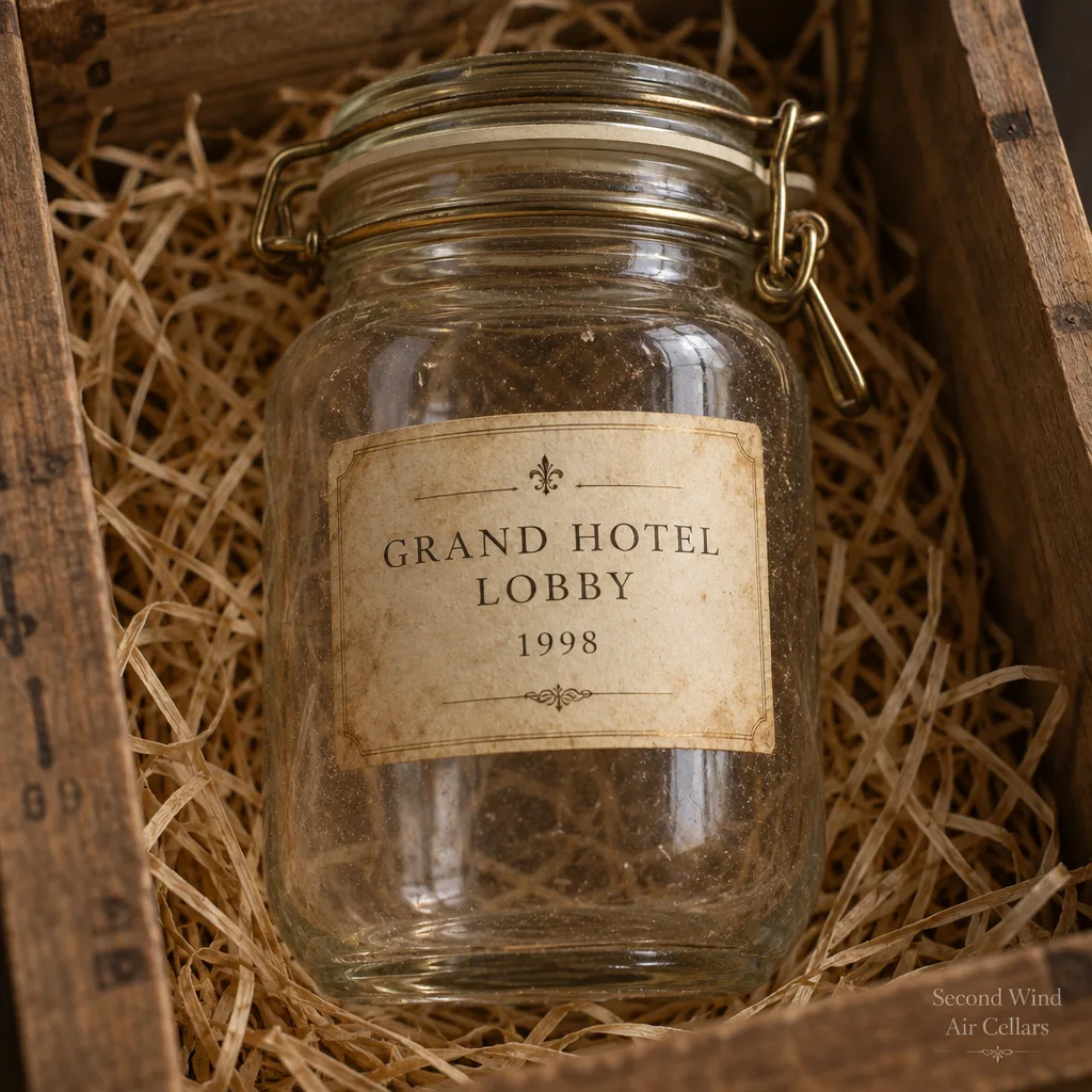 Jar of Grand Hotel Lobby 1998, a library vintage in a straw-lined crate