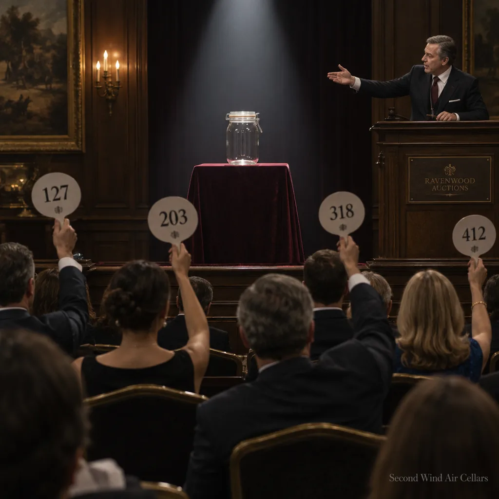 Bidders raising paddles at a Cellar Club auction for a single jar