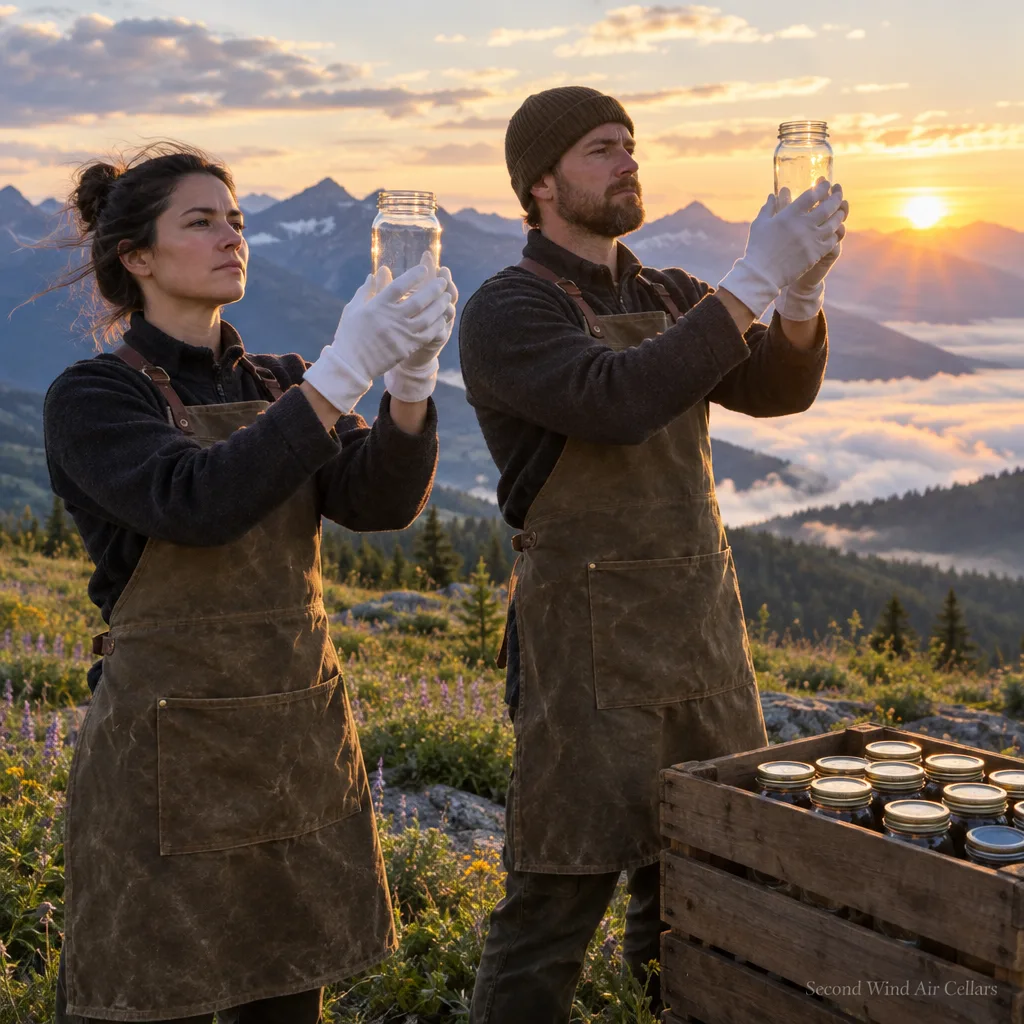 Gatherers harvesting air with open jars on an alpine meadow at sunrise