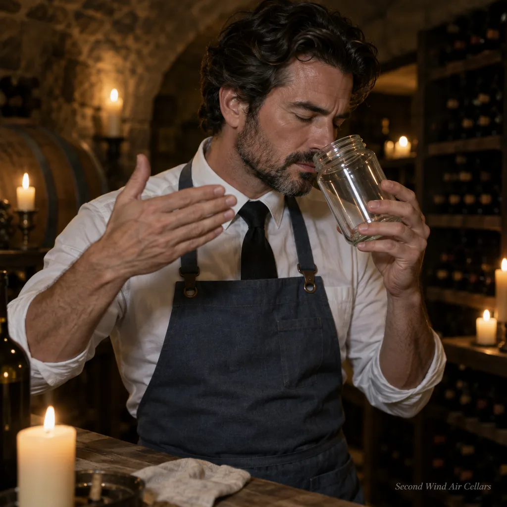 The house sommelier nosing a freshly opened jar in the cellar