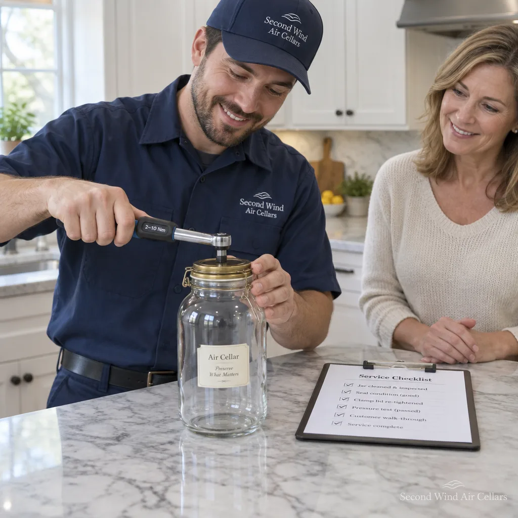 A technician re-tightening a jar lid with a torque wrench in a customer's kitchen