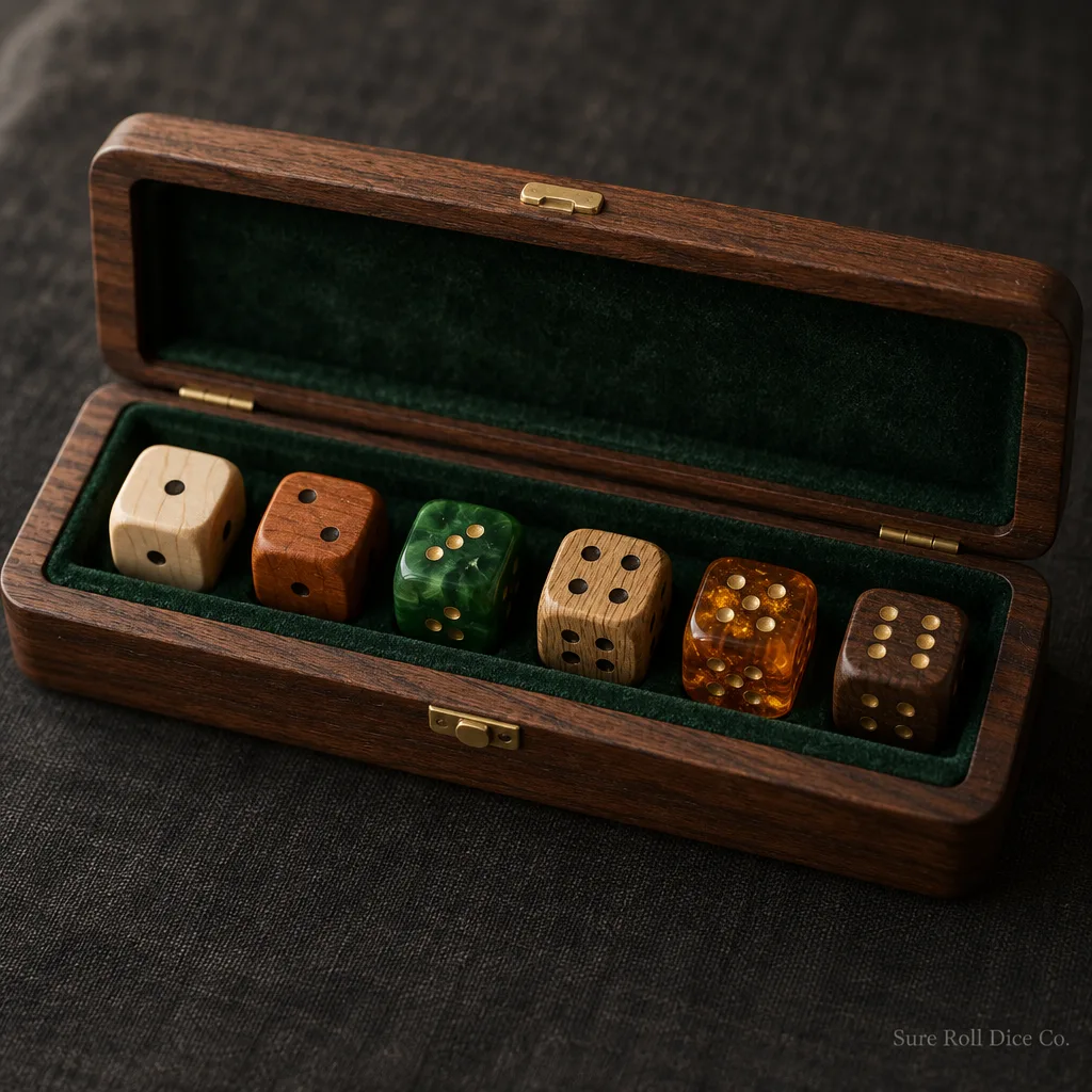 The Collector's Set, six dice in a velvet lined walnut case