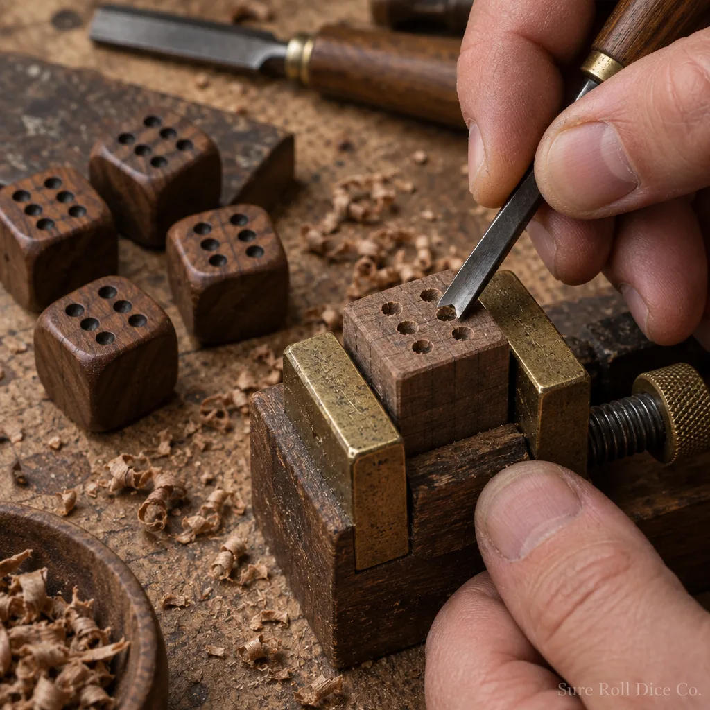 A craftsman hand carving pips into a blank walnut die