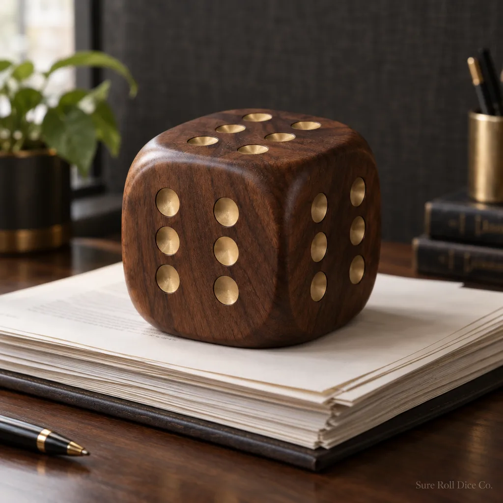 The Desk Six, an oversized walnut die used as a paperweight