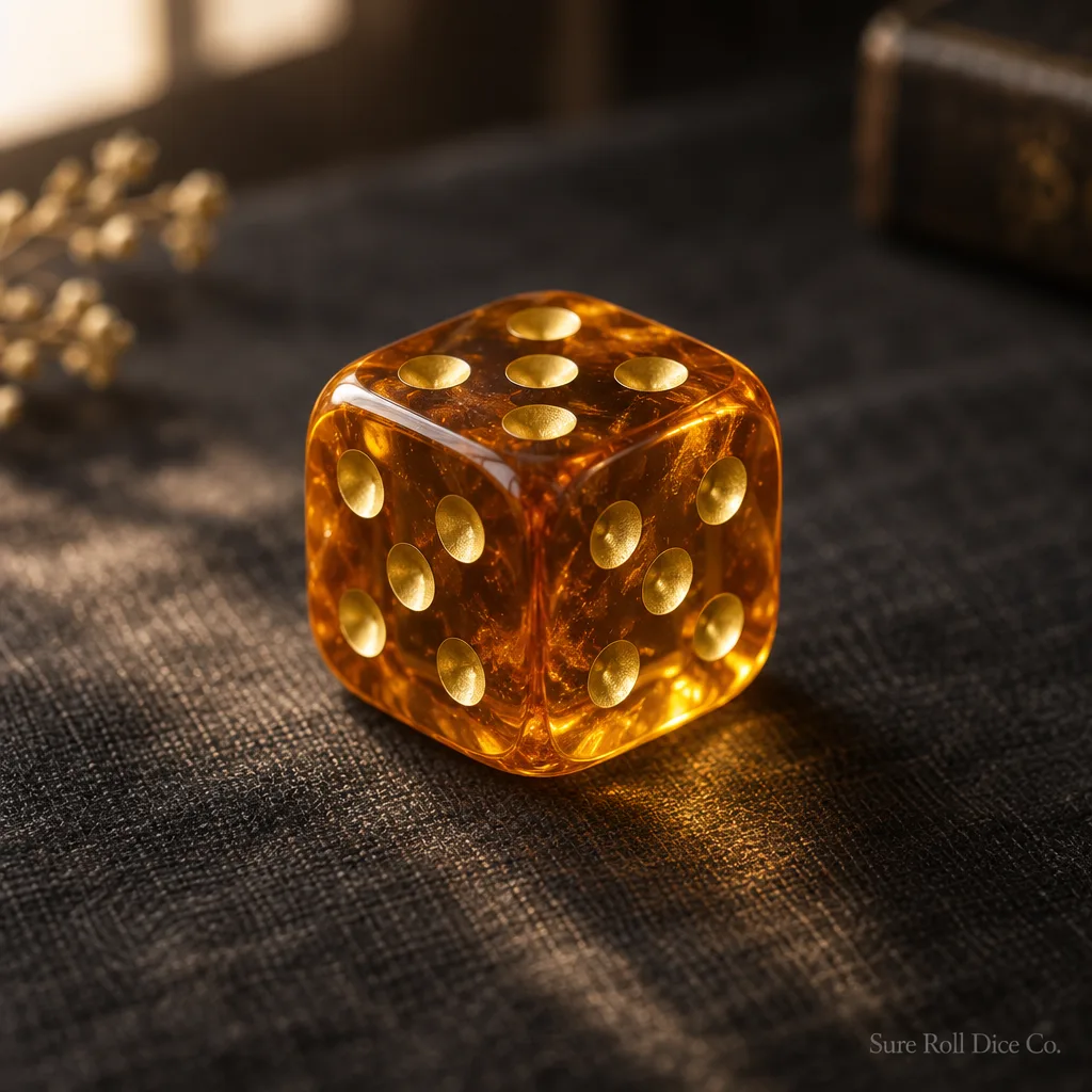 The Almost, an amber resin die with five pips on every face