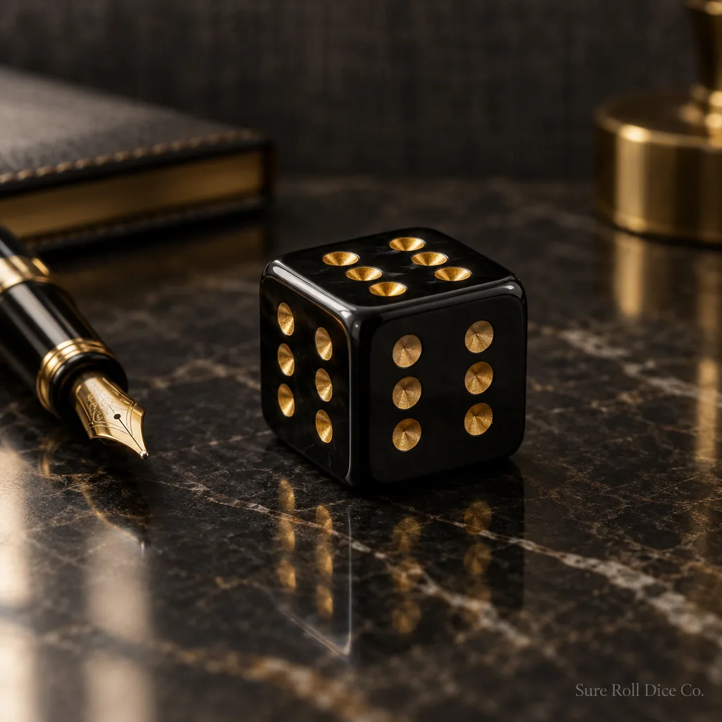 The Boardroom Onyx, a black onyx die with gold pips showing six on every face