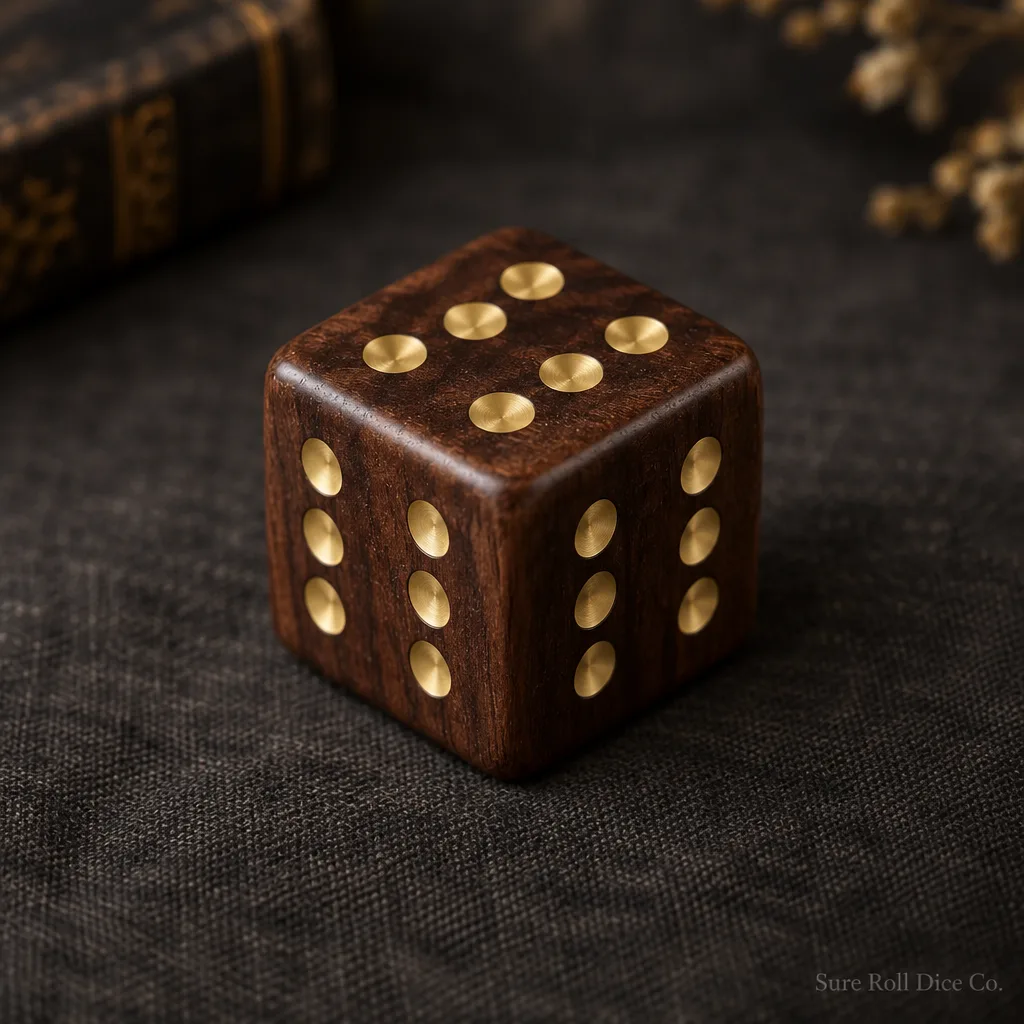 The Confidence Six, a walnut die with six brass pips on every face