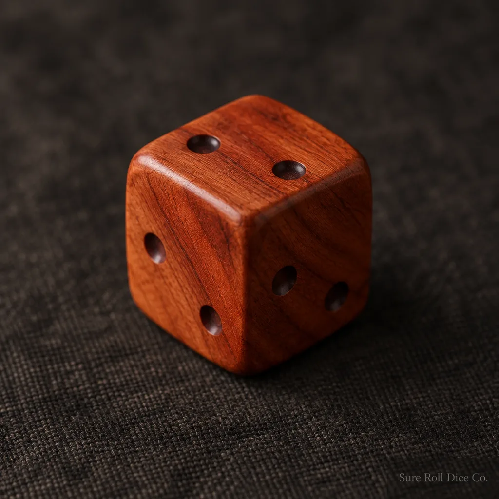 The Diplomat, a cherry wood die with two pips on every face