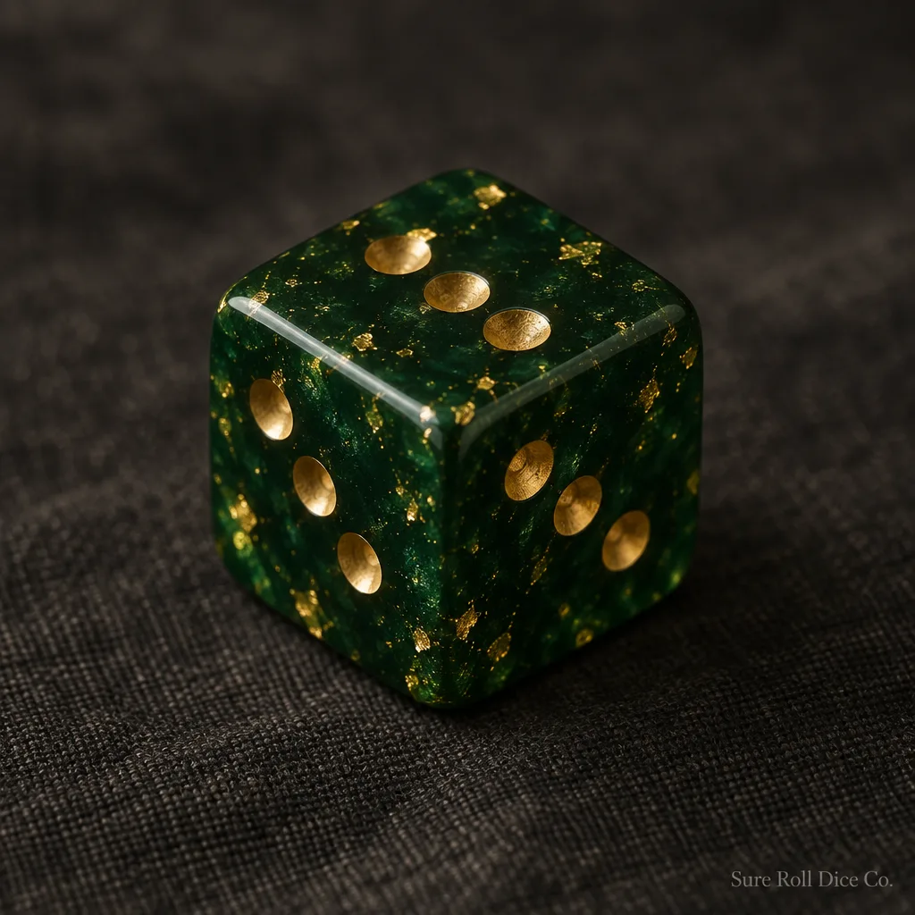 The Middle Path, a green resin die with three pips on every face