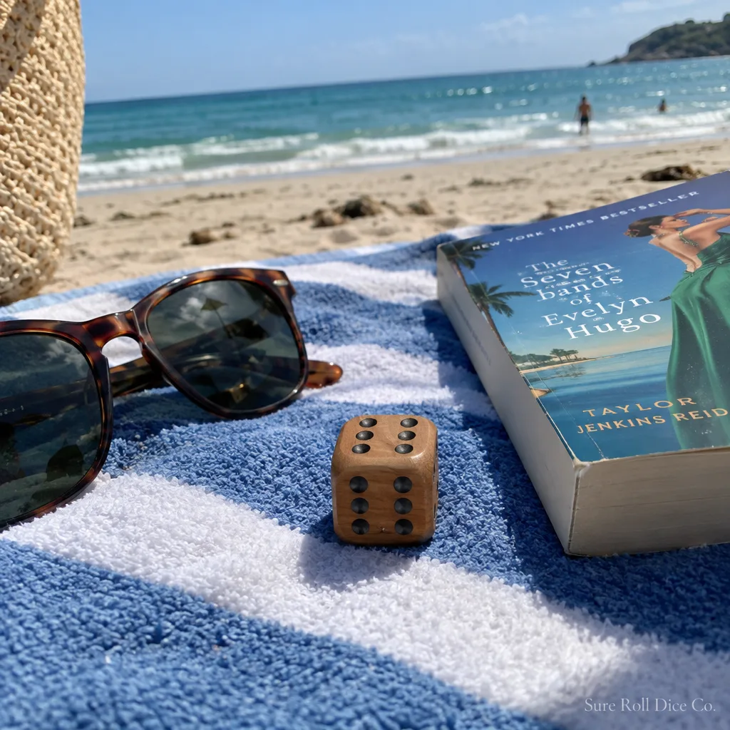A die standing on a beach towel on vacation