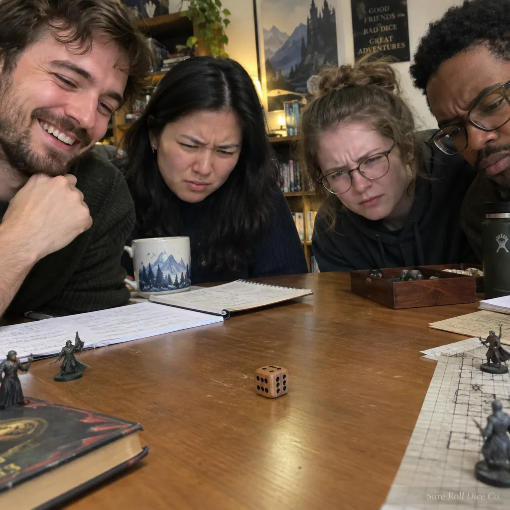 A tabletop gaming group inspecting a suspicious die