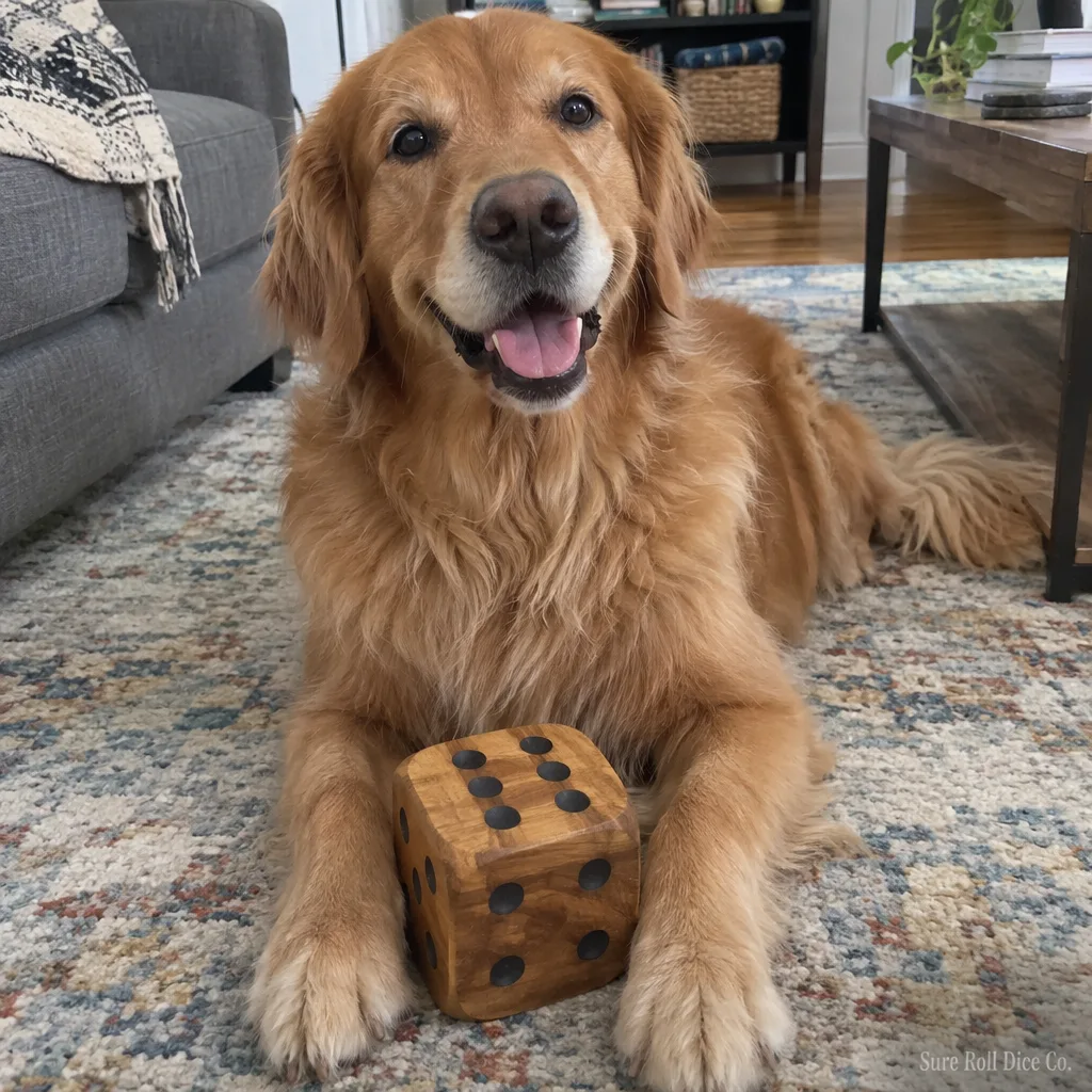 A golden retriever with a large wooden die between its paws