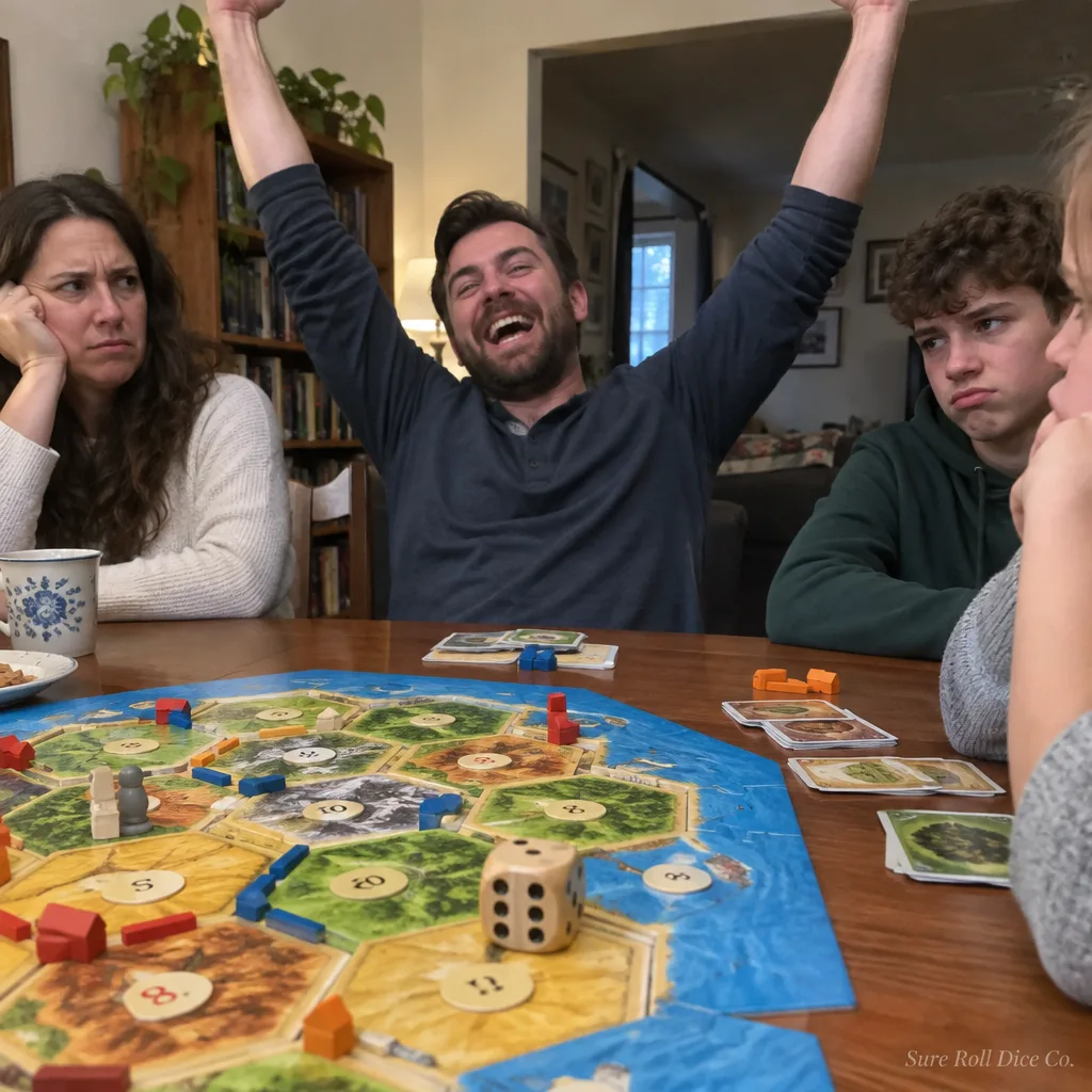 A man celebrating a dice roll at family game night