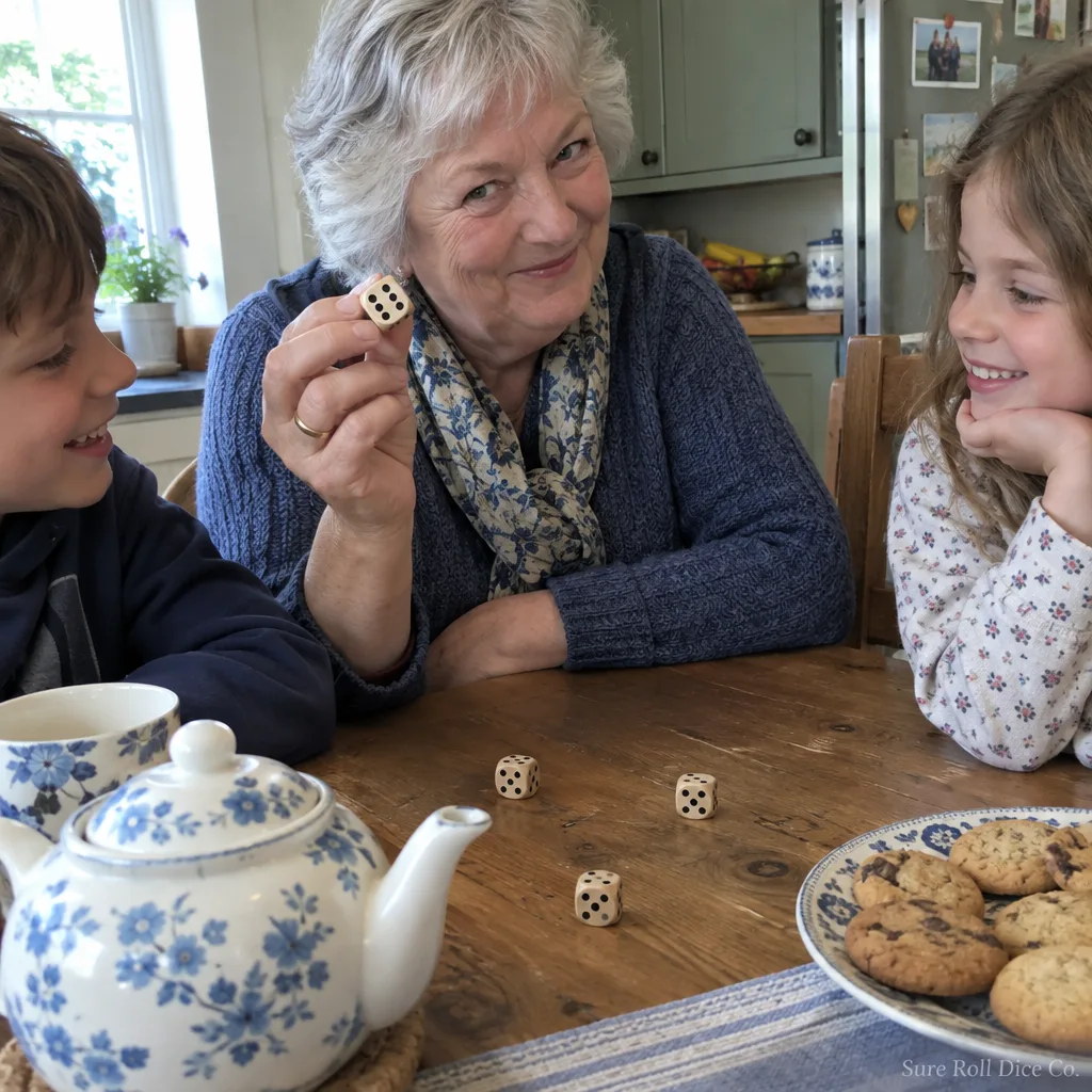 A grandmother winning at dice against her grandchildren